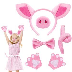 2556 5 Pcs Pink Pig Costume Set,fuzzy Pig Ears Nose Tail